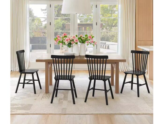 Windsor Black Solid Wood Dining Chairs for Kitchen and Dining Room (Set of 4)