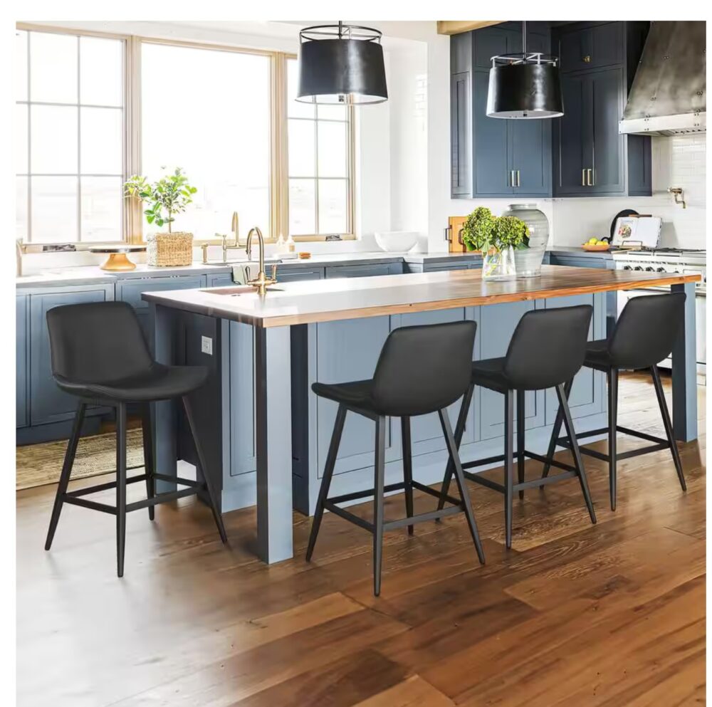 Abraham 24 in. Black Metal Counter Height Bar Stool Faux Leather Bucket Bar stool with Back Counter Stool (Set of 4)
