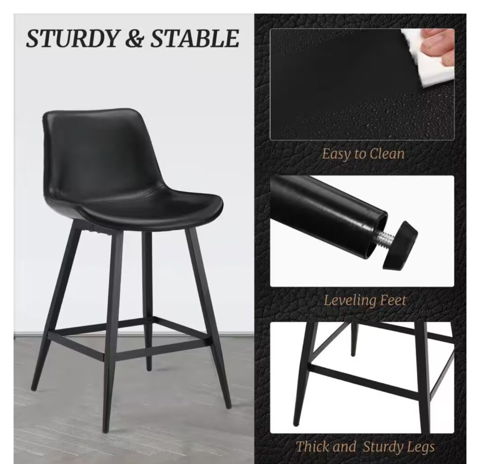 Abraham 24 in. Black Metal Counter Height Bar Stool Faux Leather Bucket Bar stool with Back Counter Stool (Set of 4) - Image 2